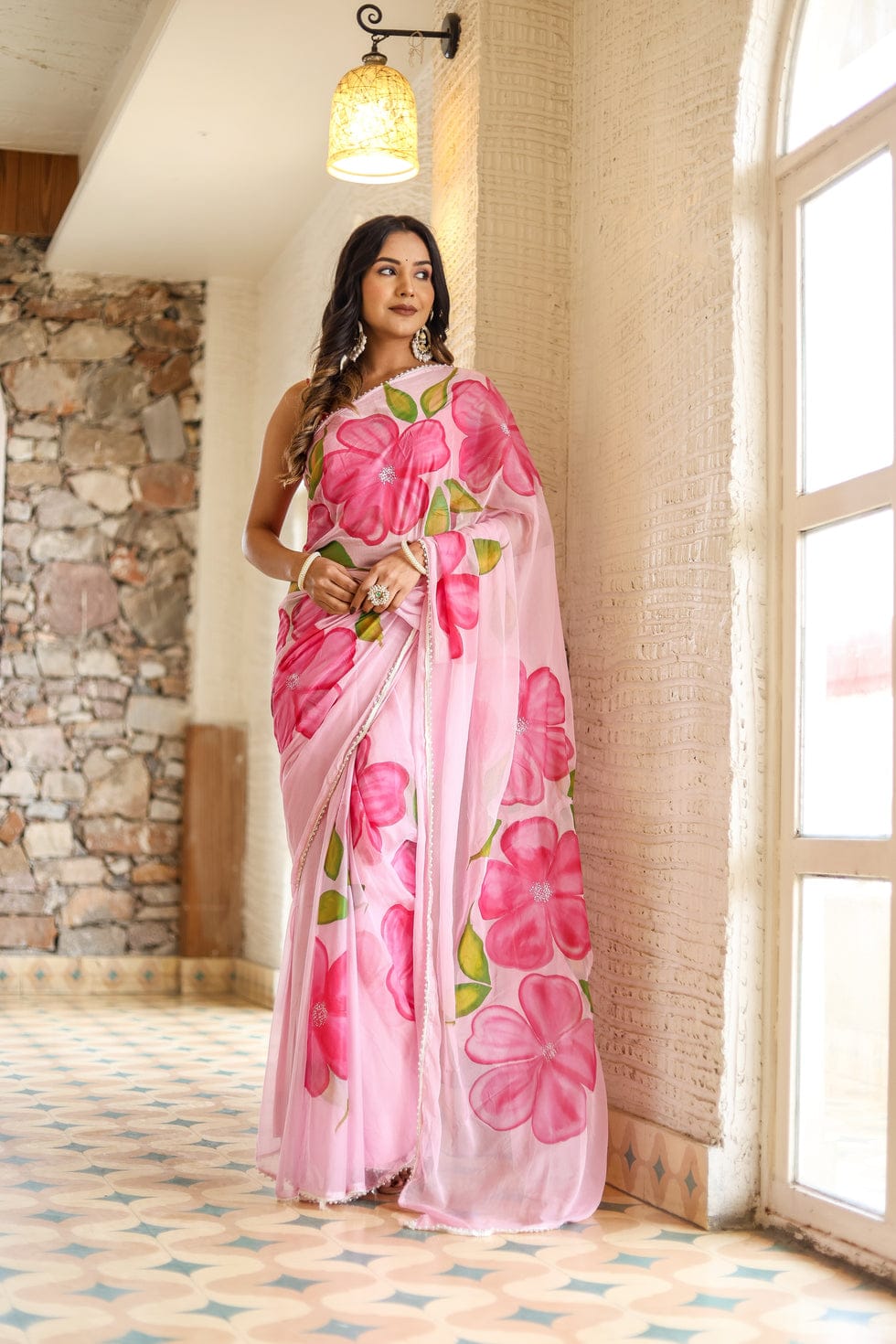 New One Minute Ready To Wear Pure Soft Georgette Silk Pink Flower Designed Saree With Same Model  Unstiched Blouse Piece