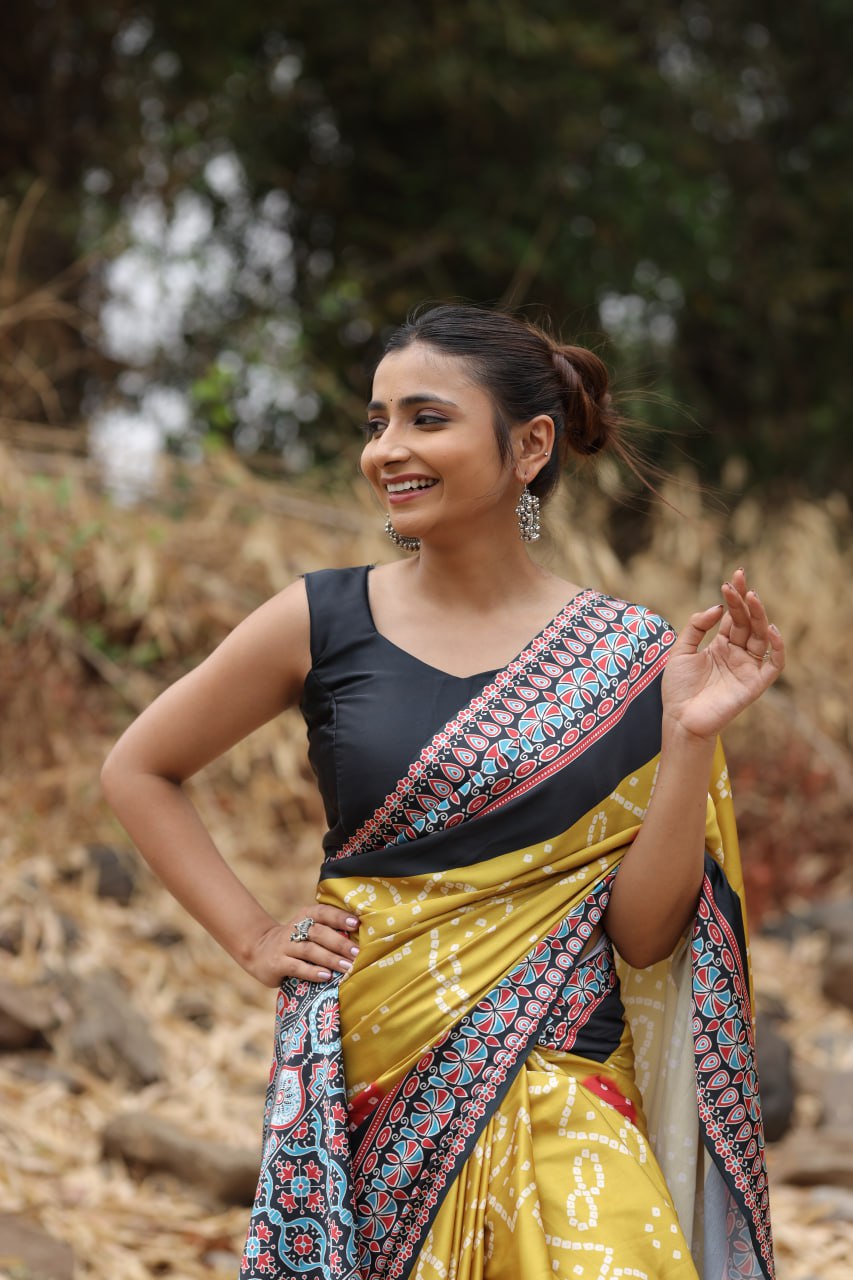 New Designer Original Japan Satin Devsena Saree With Digital Print With Digital Printed Unstiched Blouse Piece