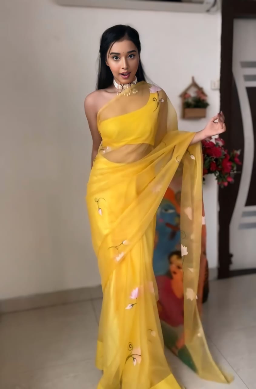 New One Minute Ready To Wear Radha Krishna Designed Pure Soft Organza Saree With Yellow Unstiched Blouse Piece