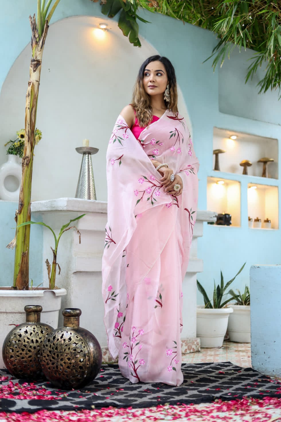 New One Minute Ready To Wear Pink Colour Pure Soft Georgette Multi Colour Flowered Design Saree With Pink Unstitched Blouse