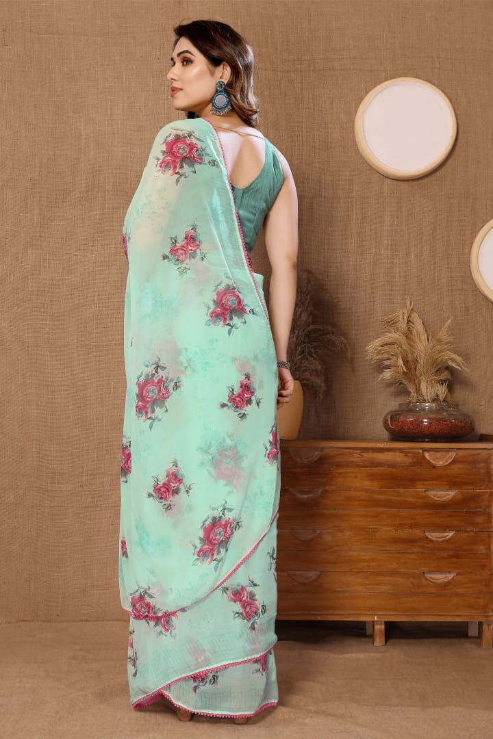 New One Minute Ready To Wear Pink Colour Pure Soft Georgette Saree With Pista Unstitched Blouse