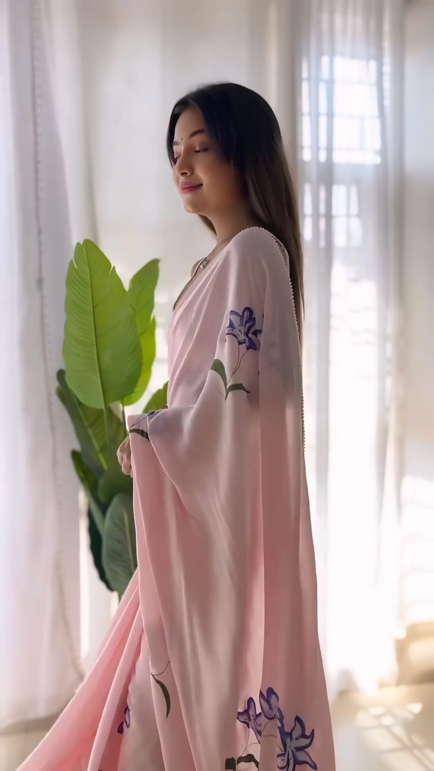New One Minute Ready To Wear Pure Soft Georgette Silk Flower Designed Pink Saree With Same Model  Unstiched Blouse Piece
