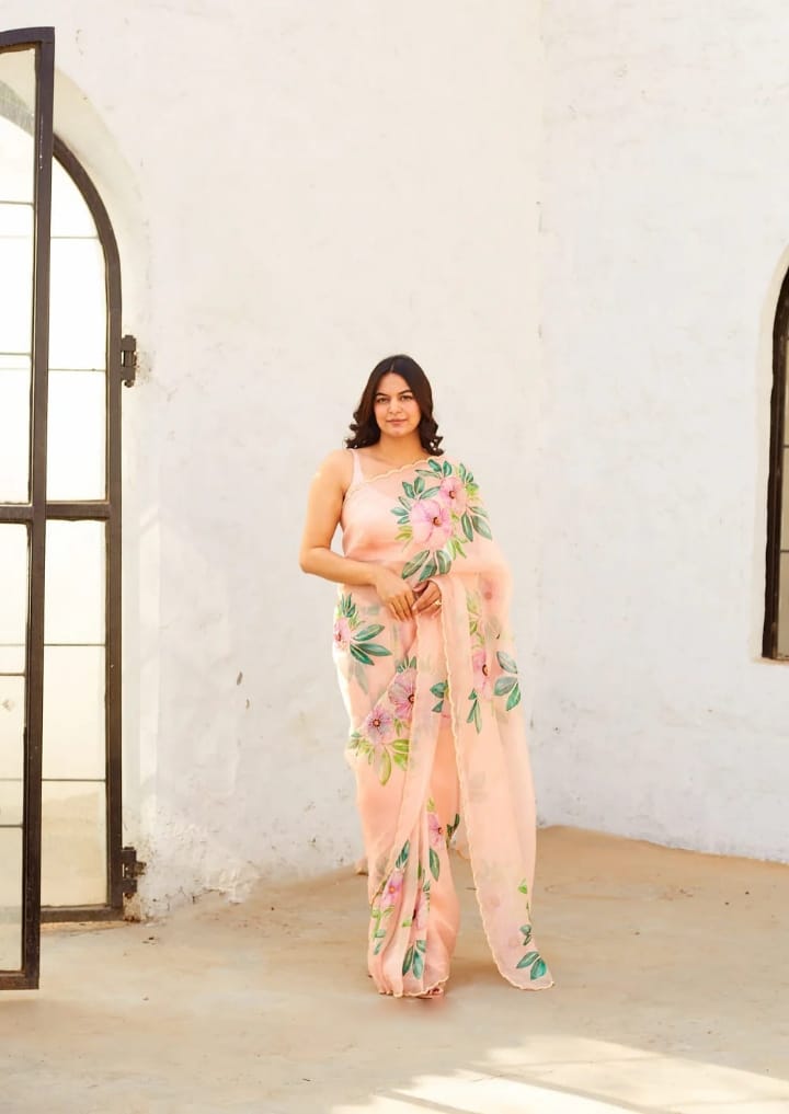 One Minute Ready To Wear Pure Soft Organza Silk Baby Pink Saree With Moti and Val Work With Same Handworked Stiched Blouse