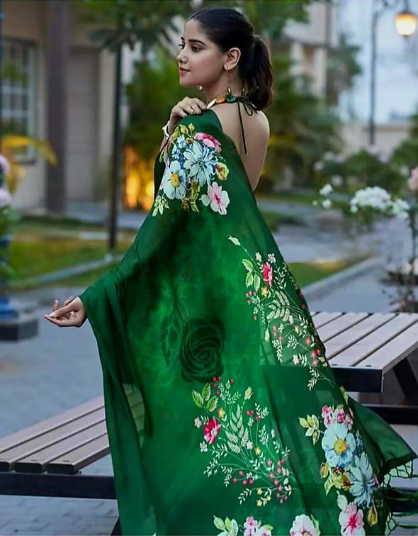 New Designer Original Japan Satin Devsena Green Saree With Digital Print With Digital Printed Unstiched Blouse Piece