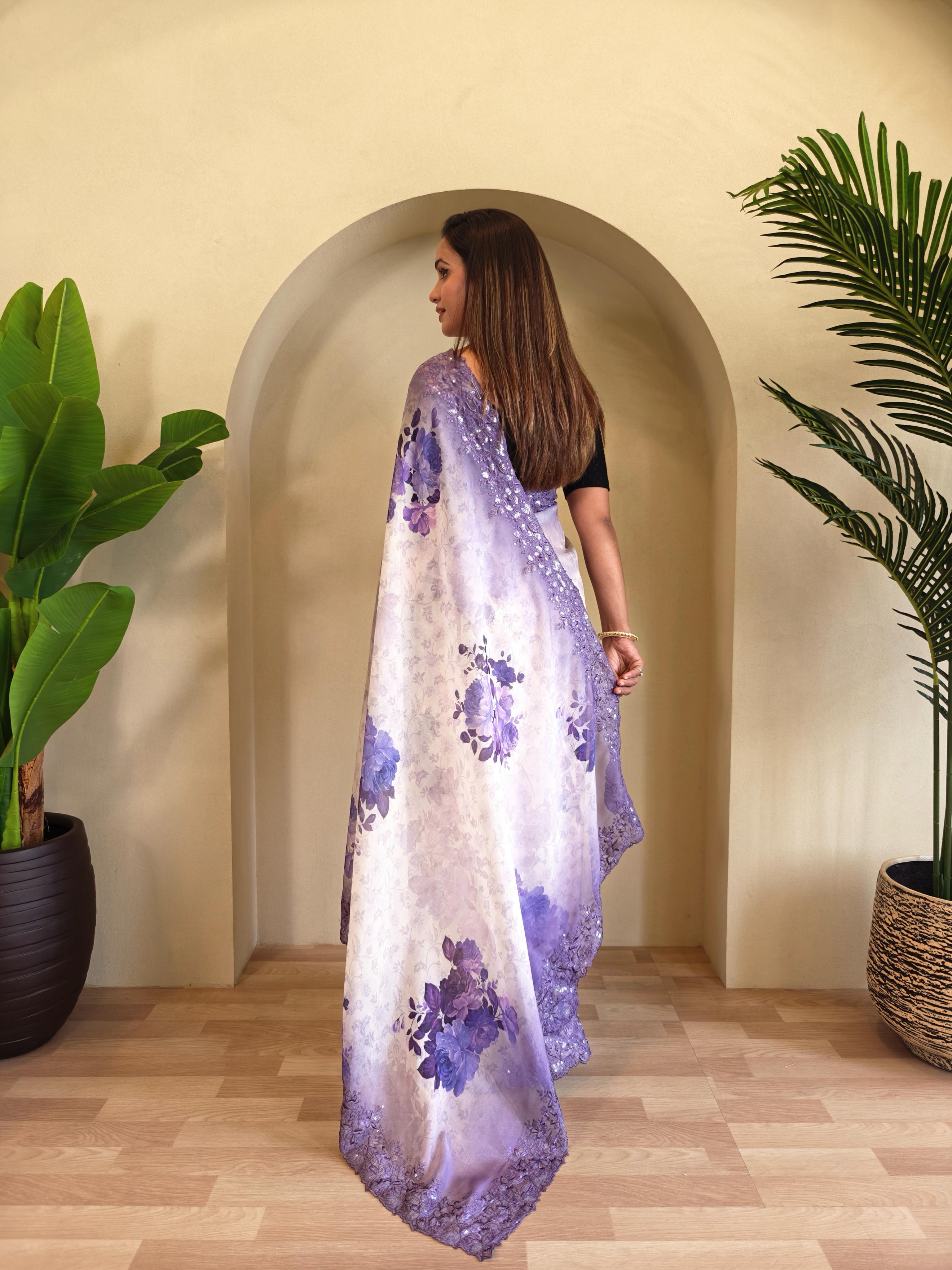 New Designer Hand Crafted Magicgold  Digital Print And Viscose - Sequins Embroideried  Organza Saree With Negative Printed Unstiched Blouse piece - Purple