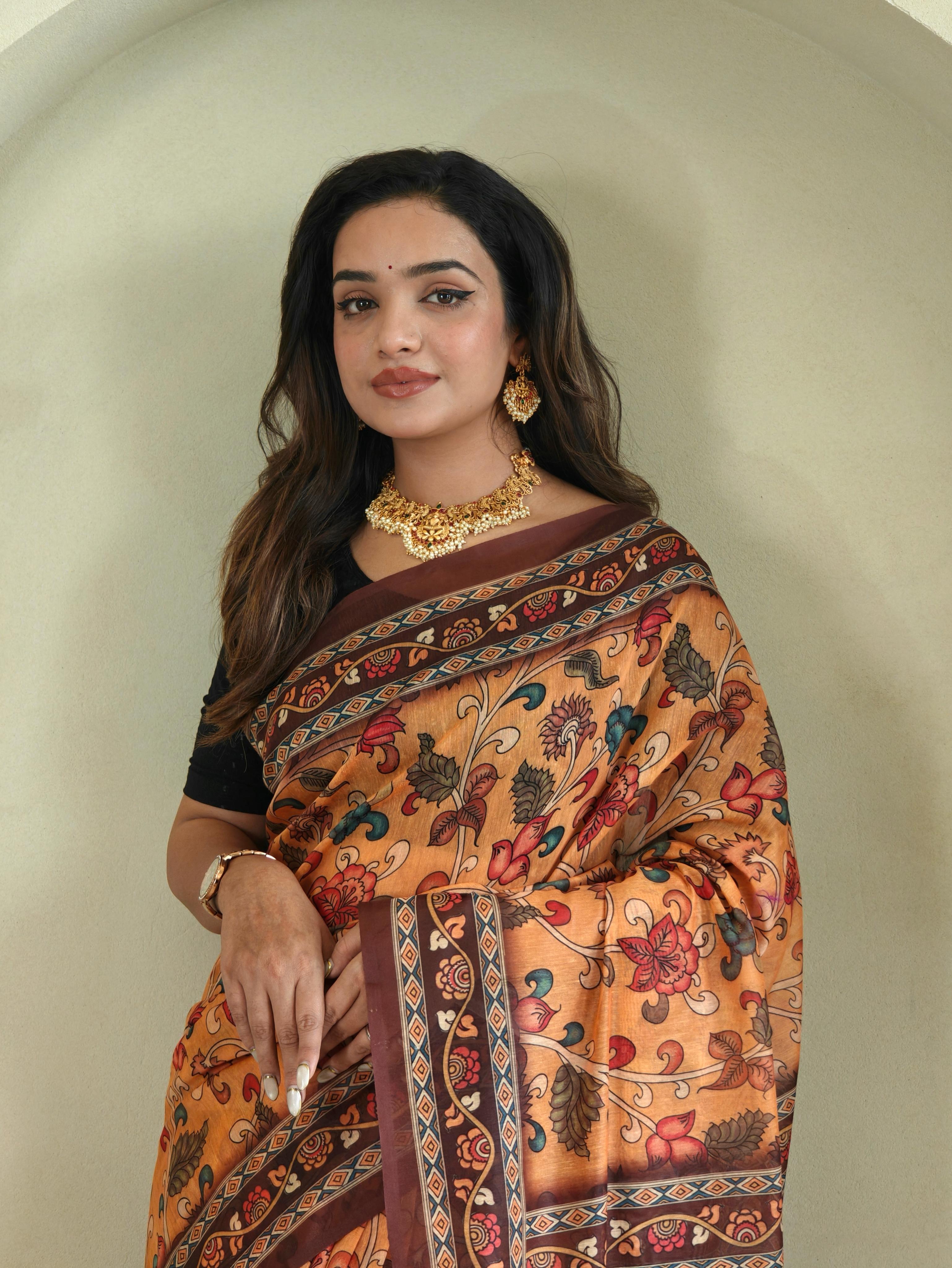 New Designer Pure Malai Cotton Saree With Elephant  Kalamkari Pattern Along With Contras Big Pallu With Tussels - Yellow