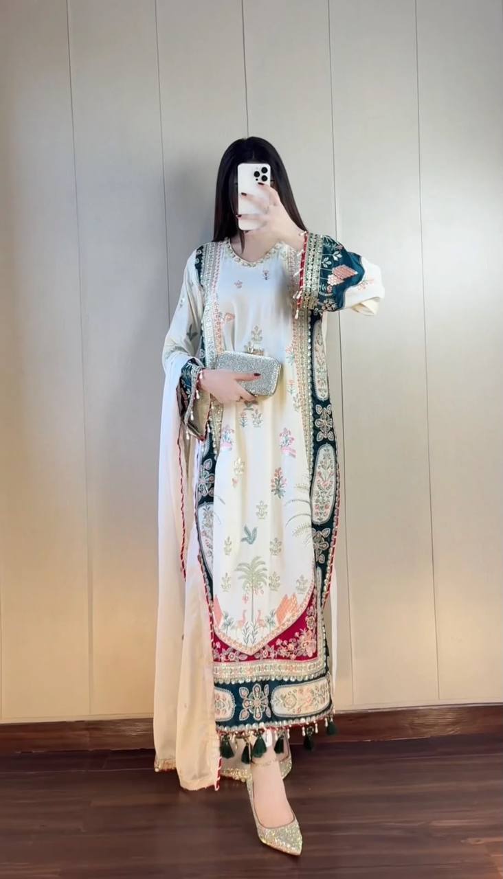 Ivory Star Silk Kaftan Pant Set with Sequence Embroidery & Applique Work Dupatta