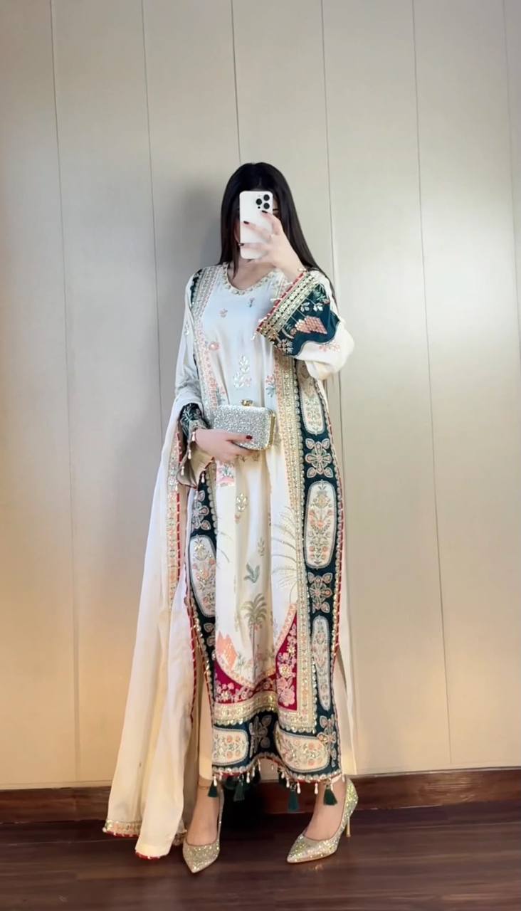 Ivory Star Silk Kaftan Pant Set with Sequence Embroidery & Applique Work Dupatta