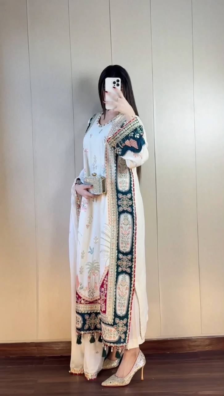 Ivory Star Silk Kaftan Pant Set with Sequence Embroidery & Applique Work Dupatta