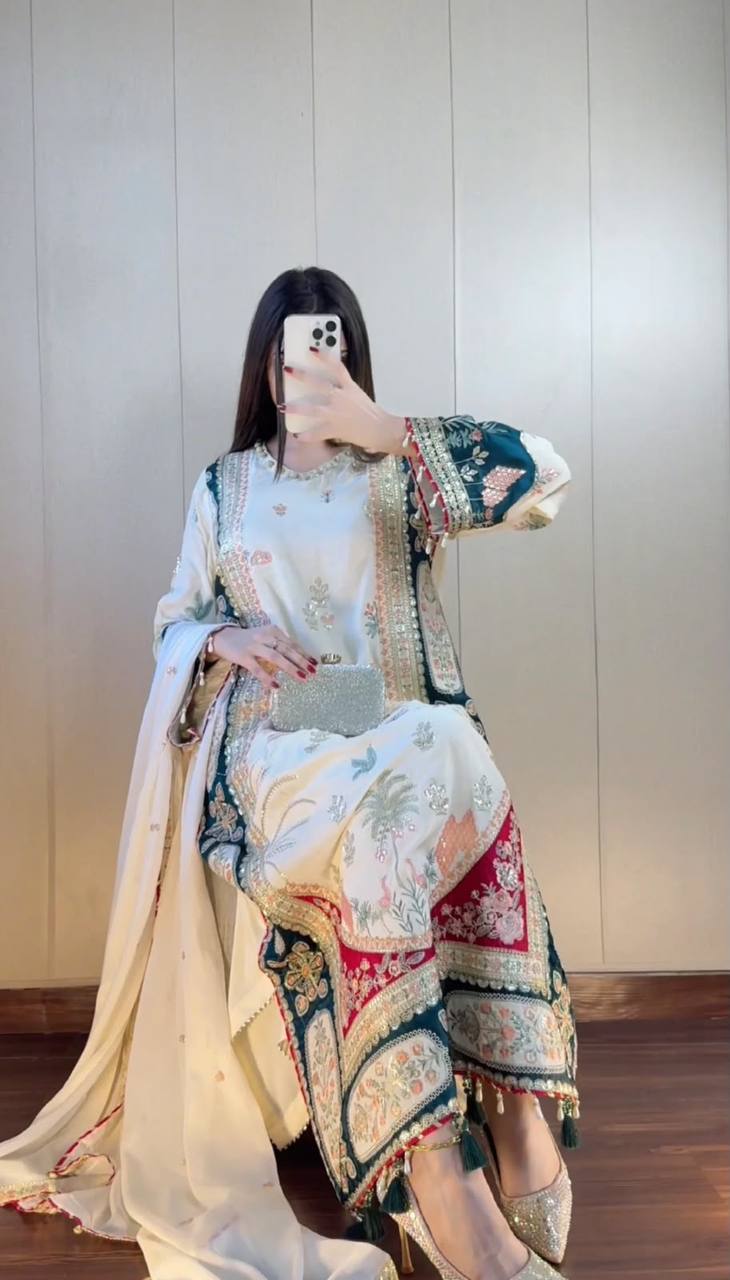Ivory Star Silk Kaftan Pant Set with Sequence Embroidery & Applique Work Dupatta