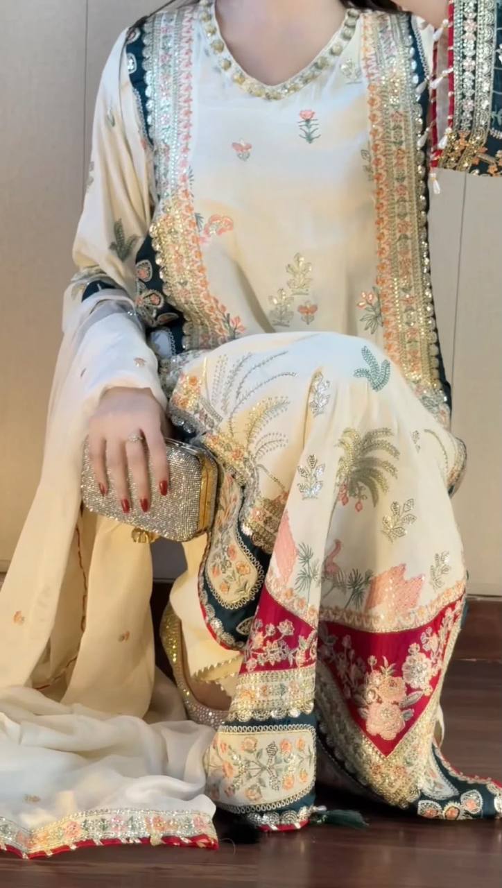 Ivory Star Silk Kaftan Pant Set with Sequence Embroidery & Applique Work Dupatta