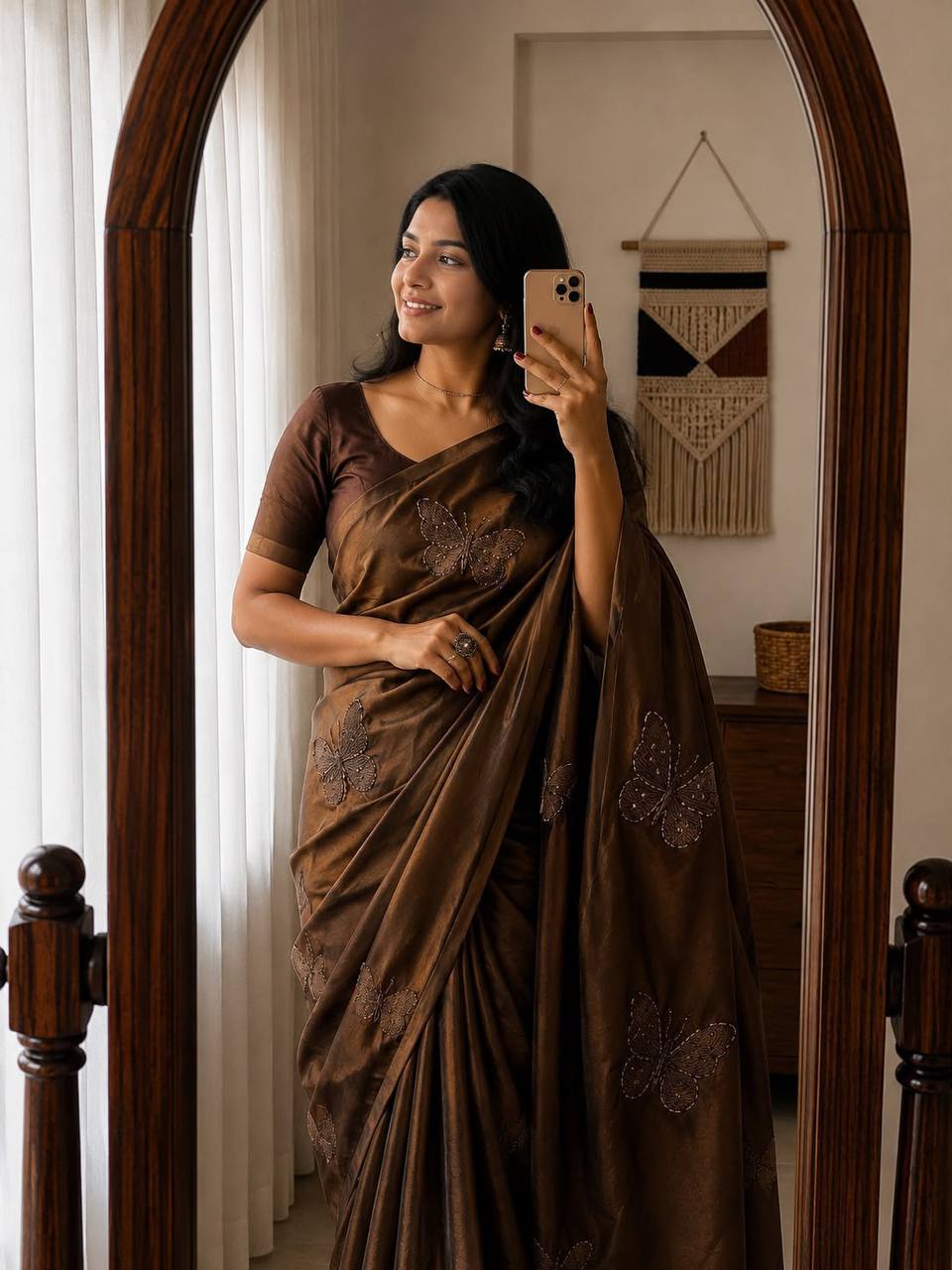 Chocolate Brown Satin Silk Saree With Butterfly Embroidery Work With Matching Blouse Piece