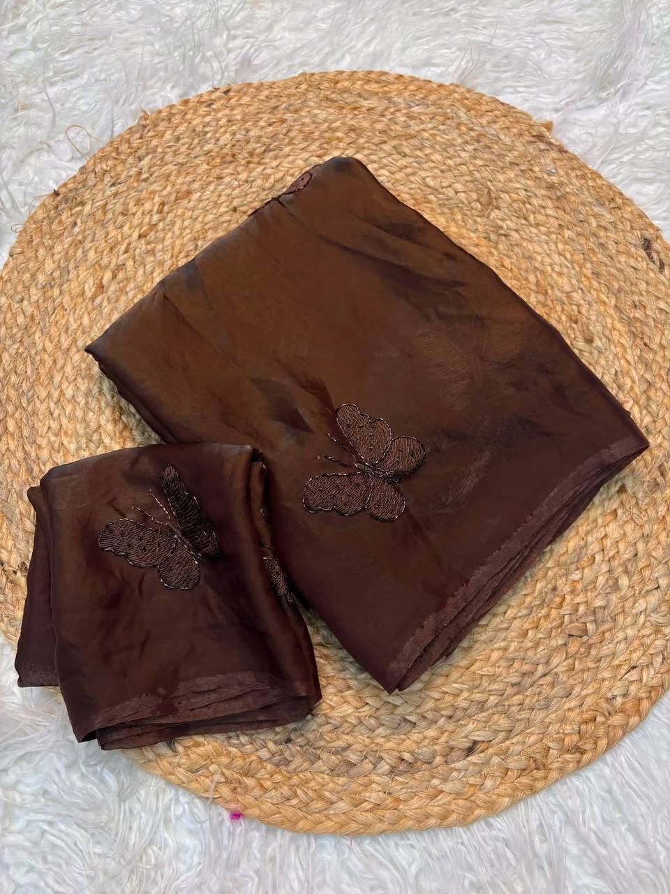 Chocolate Brown Satin Silk Saree With Butterfly Embroidery Work With Matching Blouse Piece