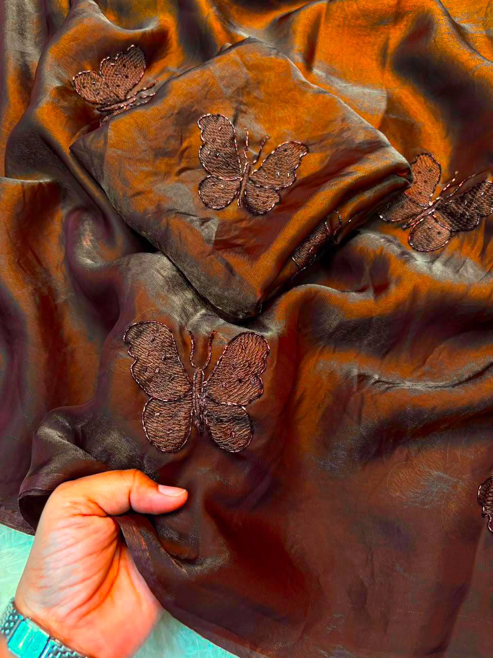 Chocolate Brown Satin Silk Saree With Butterfly Embroidery Work With Matching Blouse Piece