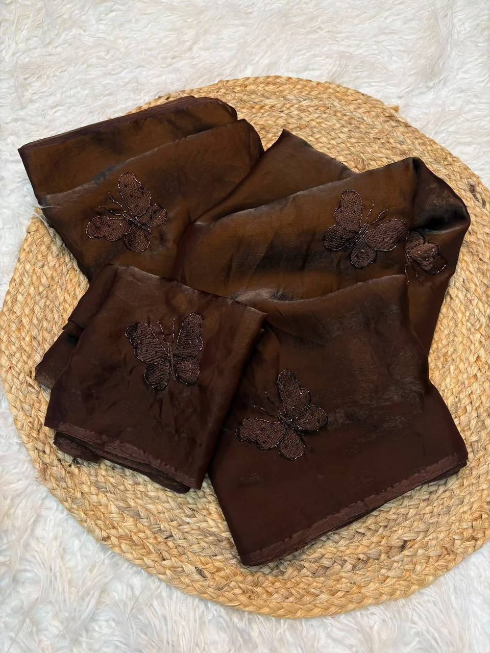 Chocolate Brown Satin Silk Saree With Butterfly Embroidery Work With Matching Blouse Piece