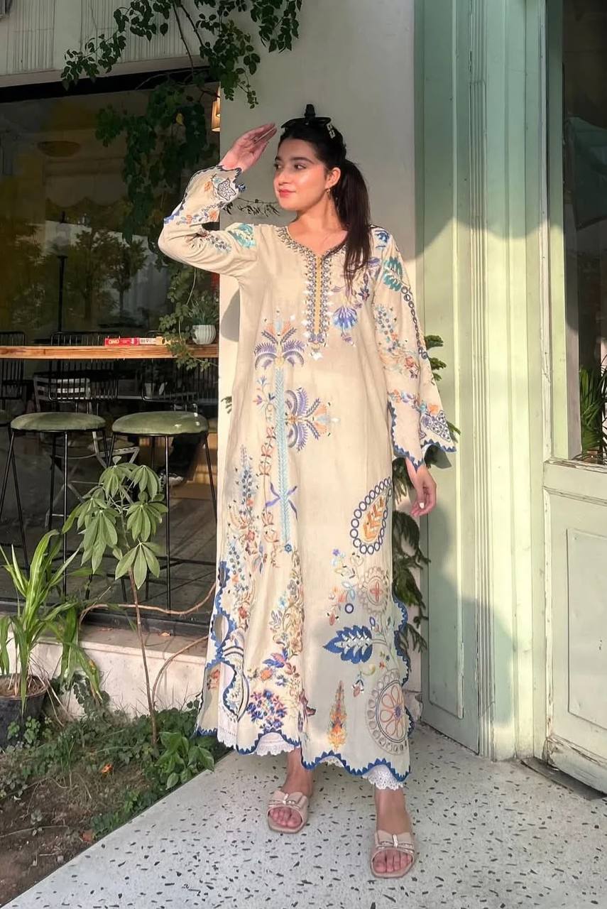 White Star Silk Pakistani Kurti with Real Mirror Embroidery Pant & Rangoli Dupatta | Festive Ethnic Wear