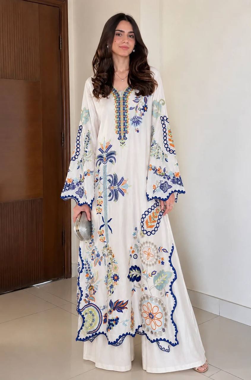 White Star Silk Pakistani Kurti with Real Mirror Embroidery Pant & Rangoli Dupatta | Festive Ethnic Wear