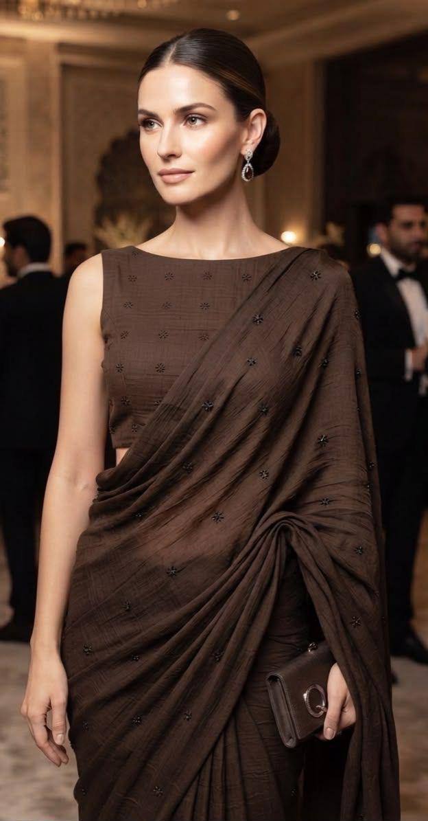 Chocolate Brown Rangoli Silk Saree With Embroidery & Val Beads Work With Matching Blouse Piece
