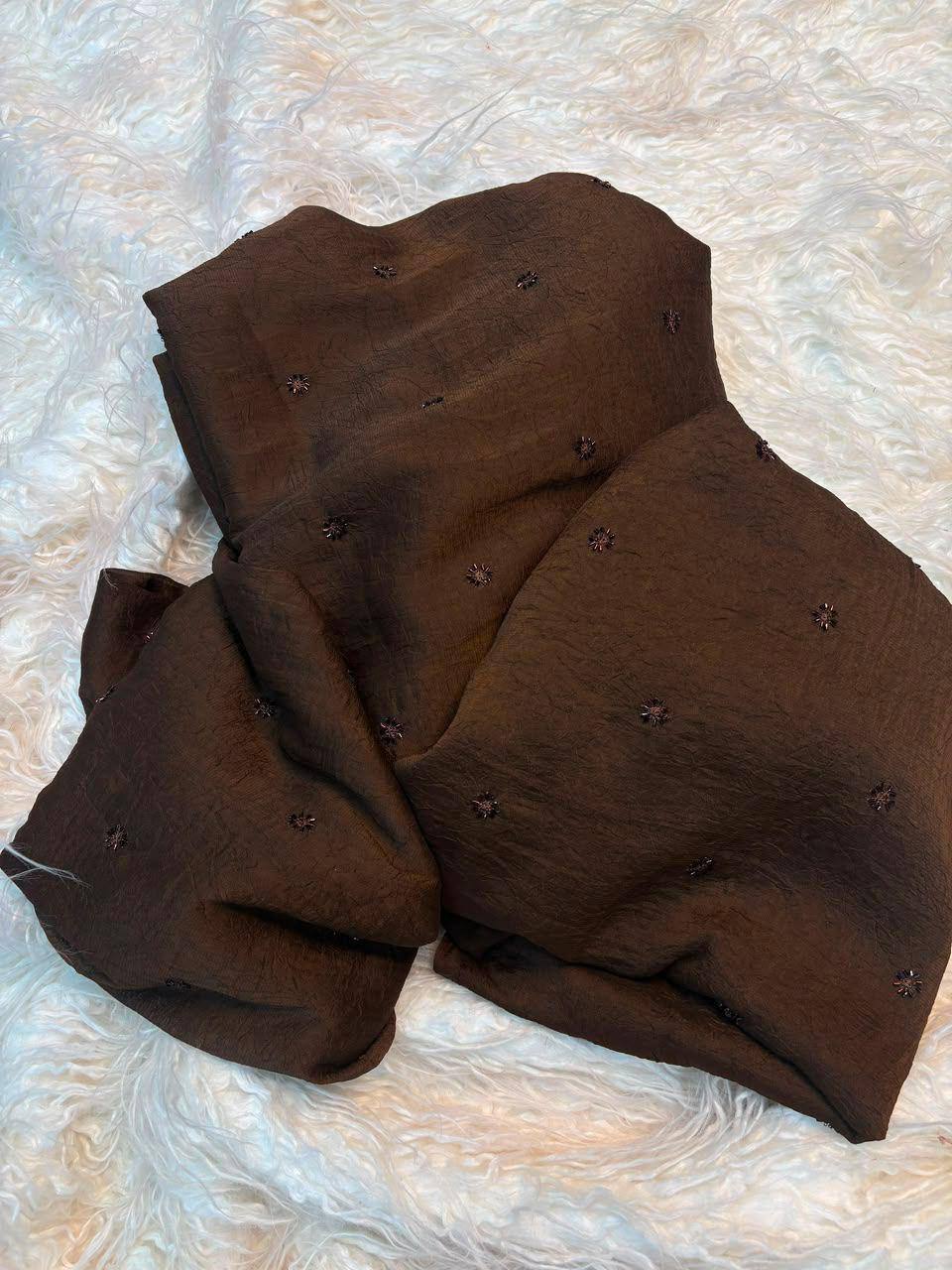Chocolate Brown Rangoli Silk Saree With Embroidery & Val Beads Work With Matching Blouse Piece