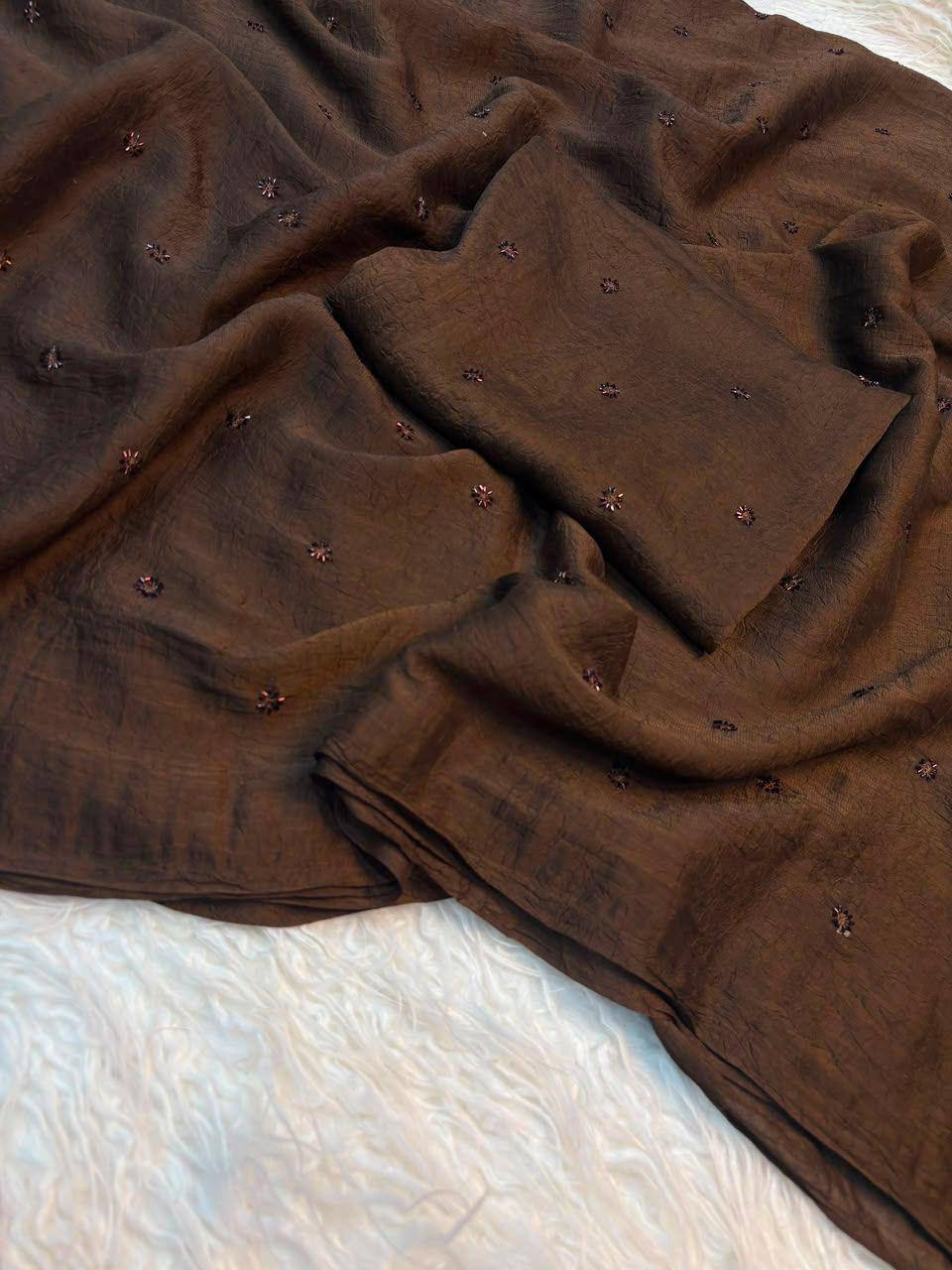 Chocolate Brown Rangoli Silk Saree With Embroidery & Val Beads Work With Matching Blouse Piece
