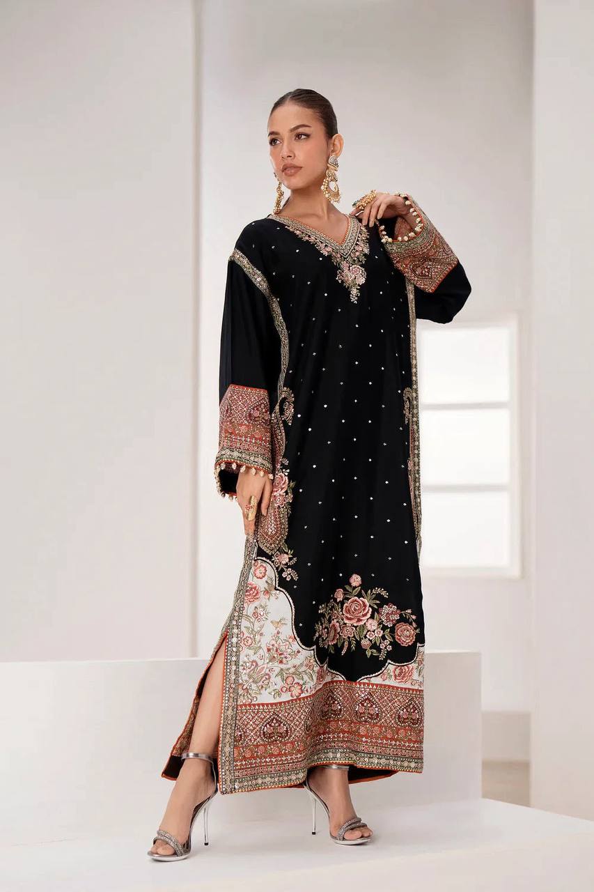 Black Star Silk Pakistani Kurti with Sequin Embroidery Pant & Georgette Dupatta | Festive Ethnic Wear