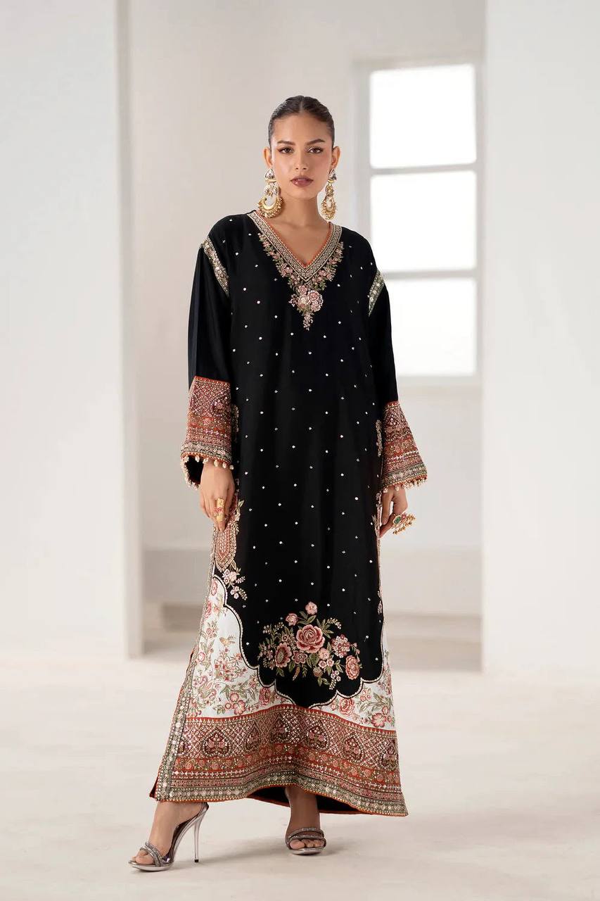 Black Star Silk Pakistani Kurti with Sequin Embroidery Pant & Georgette Dupatta | Festive Ethnic Wear