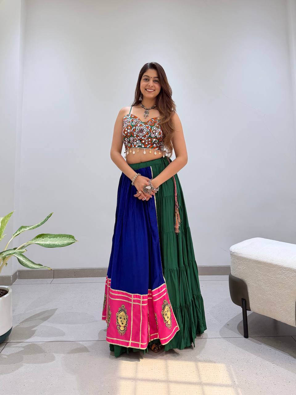 Royal Blue & Green Rayon Mirror Work Navratri Lehenga Choli