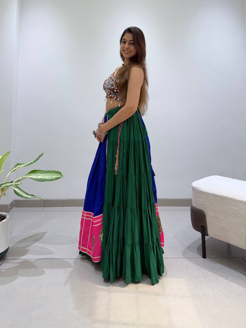 Royal Blue & Green Rayon Mirror Work Navratri Lehenga Choli