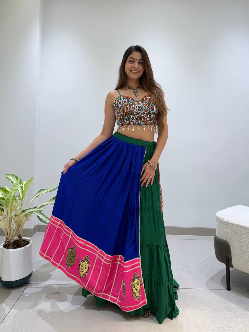 Royal Blue & Green Rayon Mirror Work Navratri Lehenga Choli