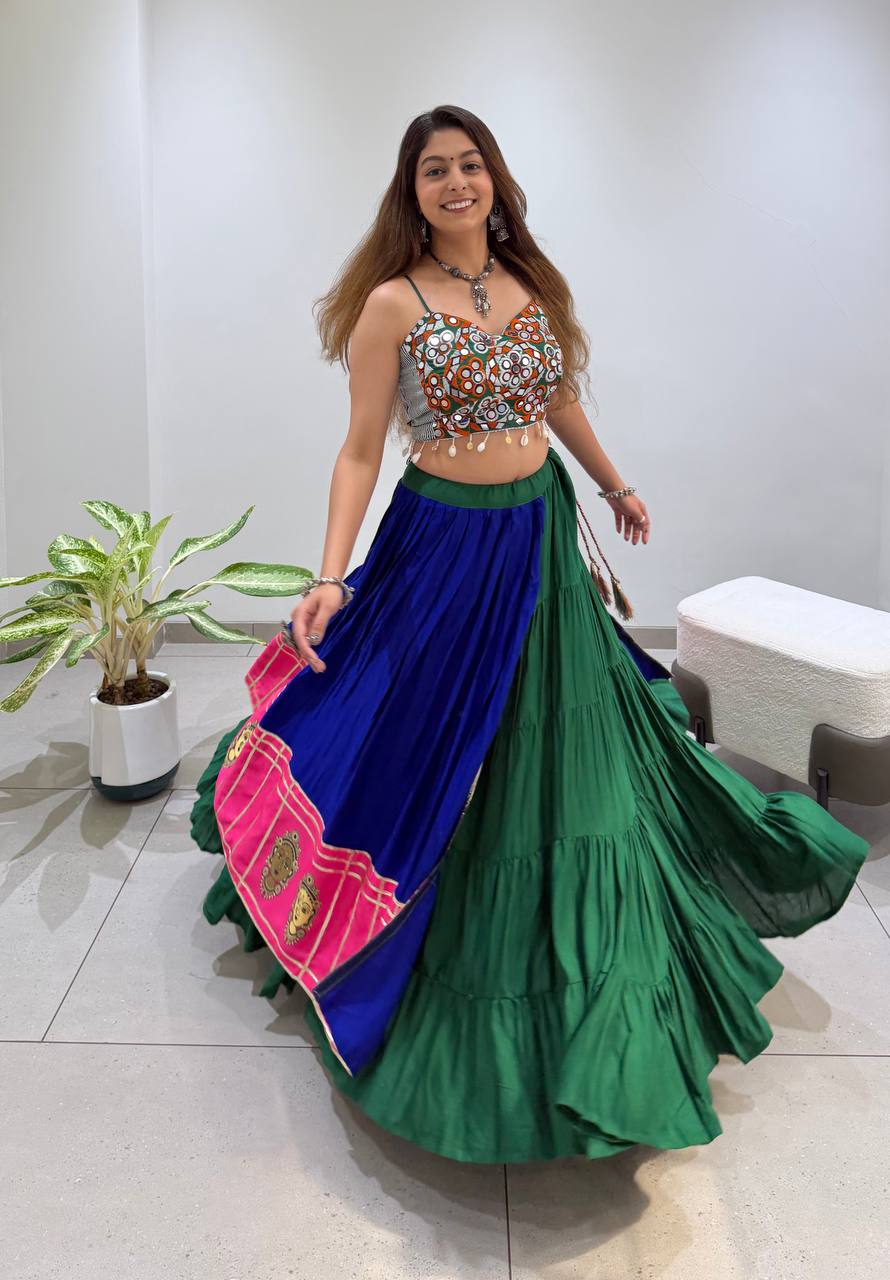 Royal Blue & Green Rayon Mirror Work Navratri Lehenga Choli