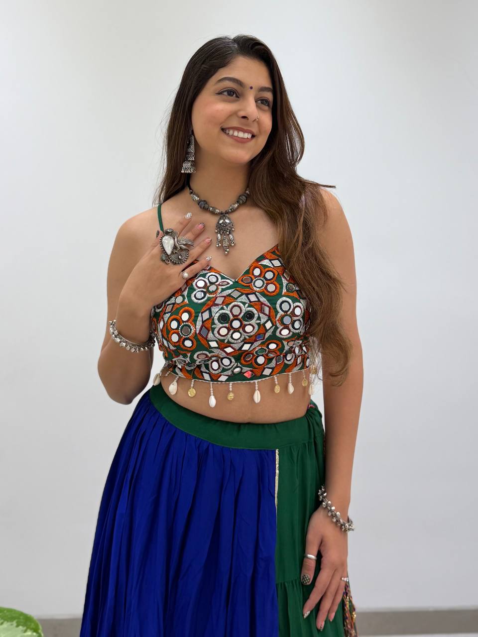 Royal Blue & Green Rayon Mirror Work Navratri Lehenga Choli
