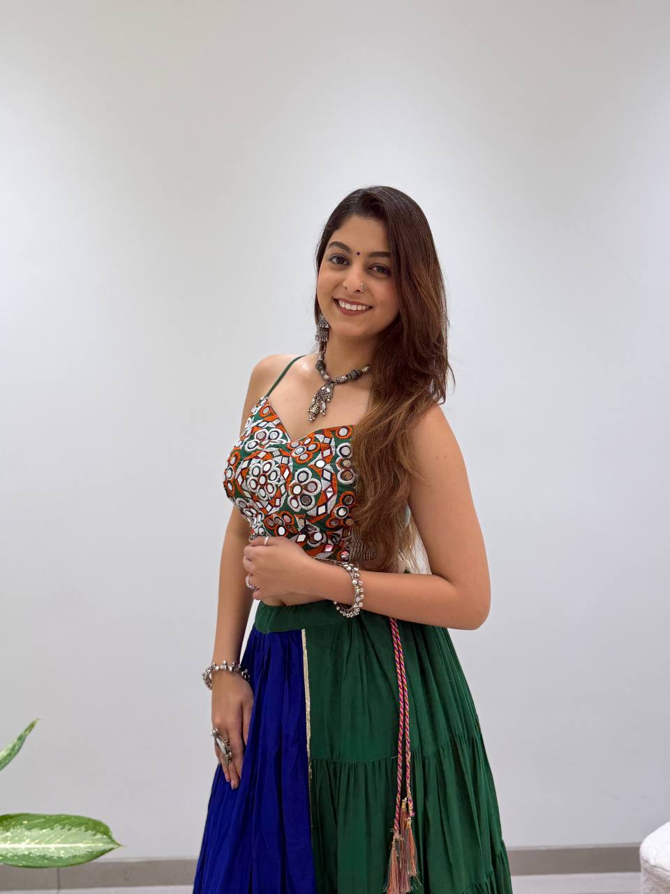 Royal Blue & Green Rayon Mirror Work Navratri Lehenga Choli