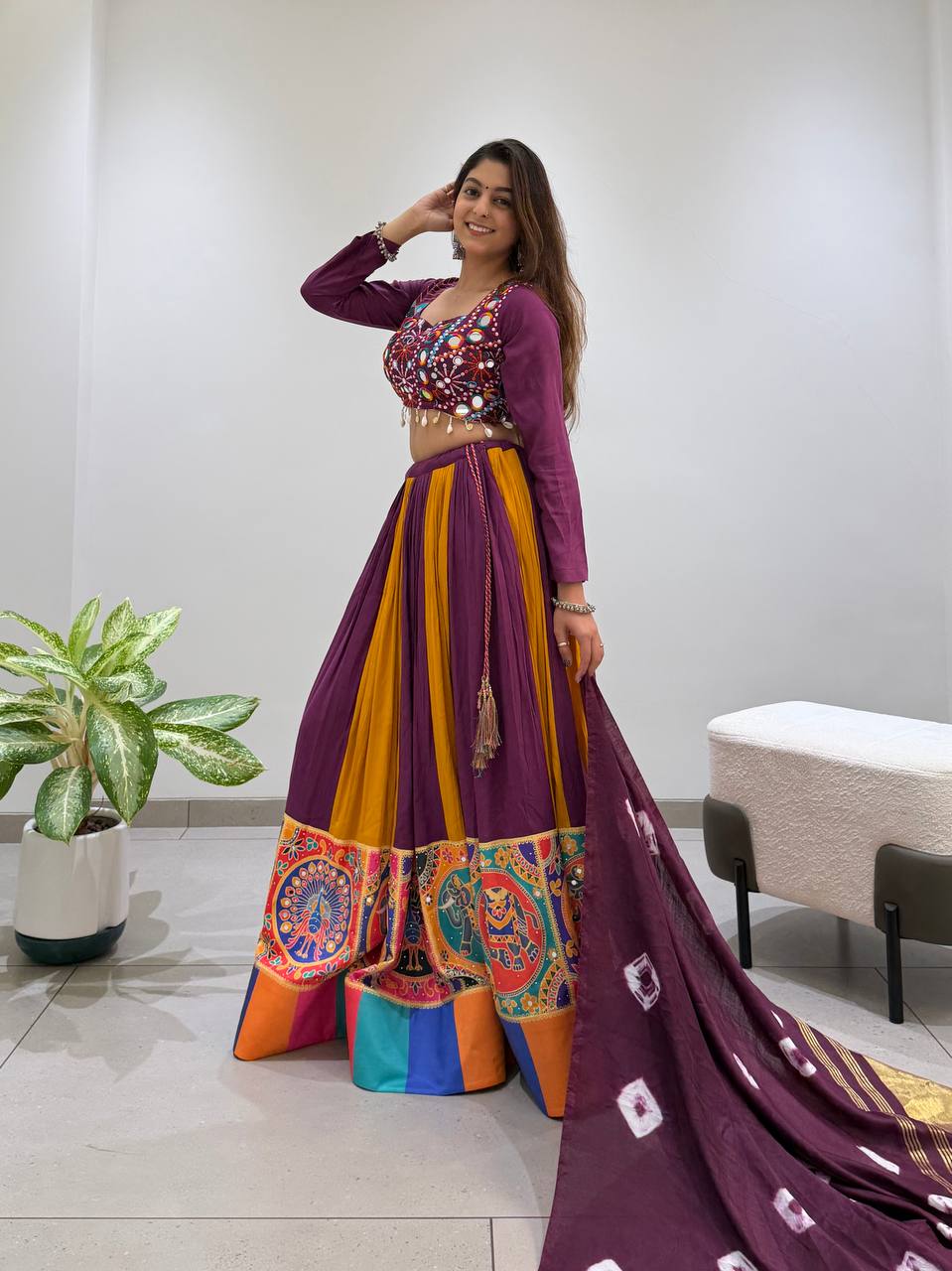 Purple & Mustard Multicolor Printed Rayon Mirror & Jarkan Work Navratri Lehenga Choli with Bandhni Dupatta
