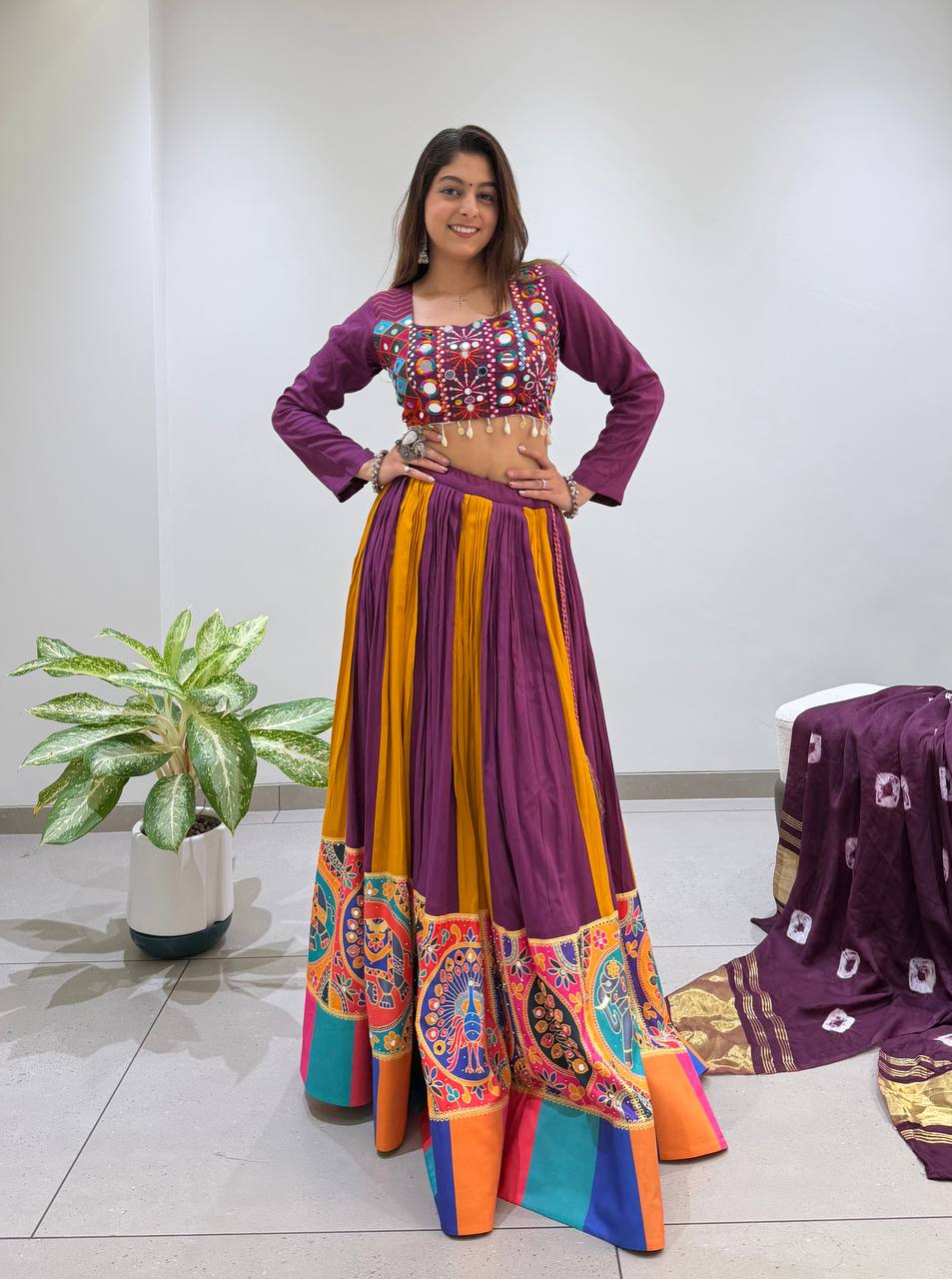 Purple & Mustard Multicolor Printed Rayon Mirror & Jarkan Work Navratri Lehenga Choli with Bandhni Dupatta