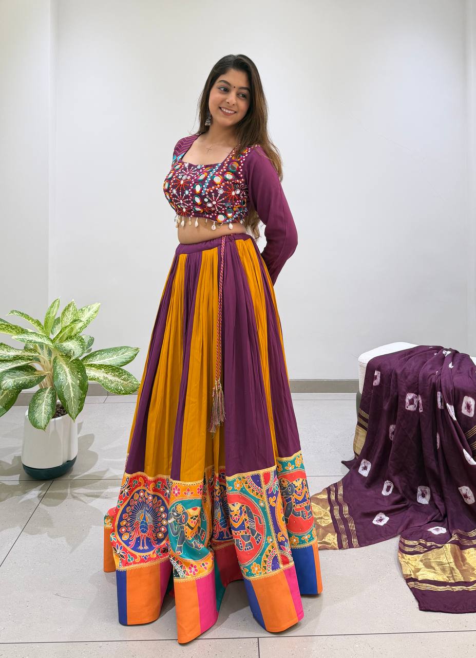Purple & Mustard Multicolor Printed Rayon Mirror & Jarkan Work Navratri Lehenga Choli with Bandhni Dupatta