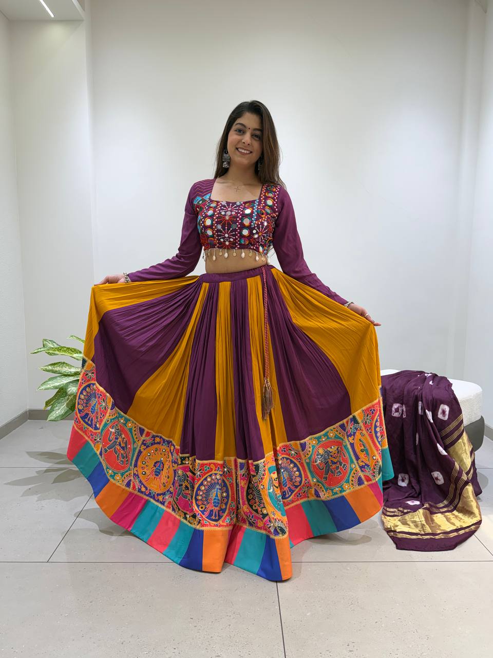 Purple & Mustard Multicolor Printed Rayon Mirror & Jarkan Work Navratri Lehenga Choli with Bandhni Dupatta