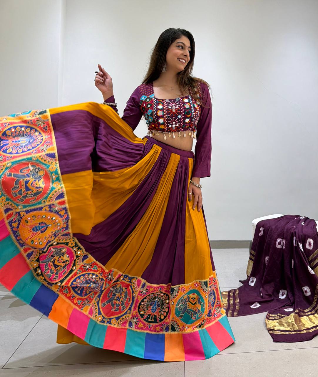Purple & Mustard Multicolor Printed Rayon Mirror & Jarkan Work Navratri Lehenga Choli with Bandhni Dupatta
