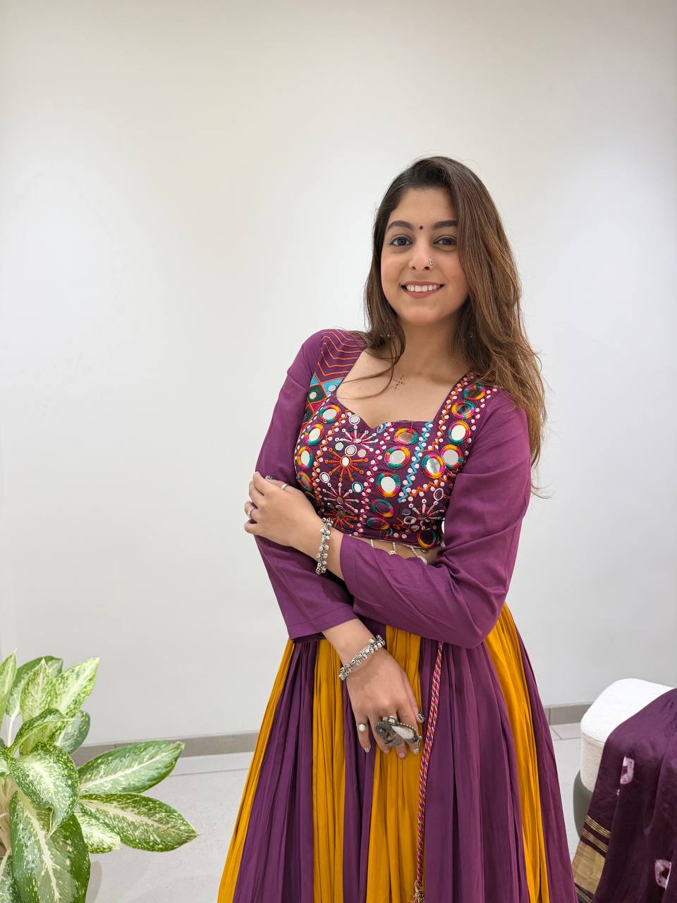 Purple & Mustard Multicolor Printed Rayon Mirror & Jarkan Work Navratri Lehenga Choli with Bandhni Dupatta
