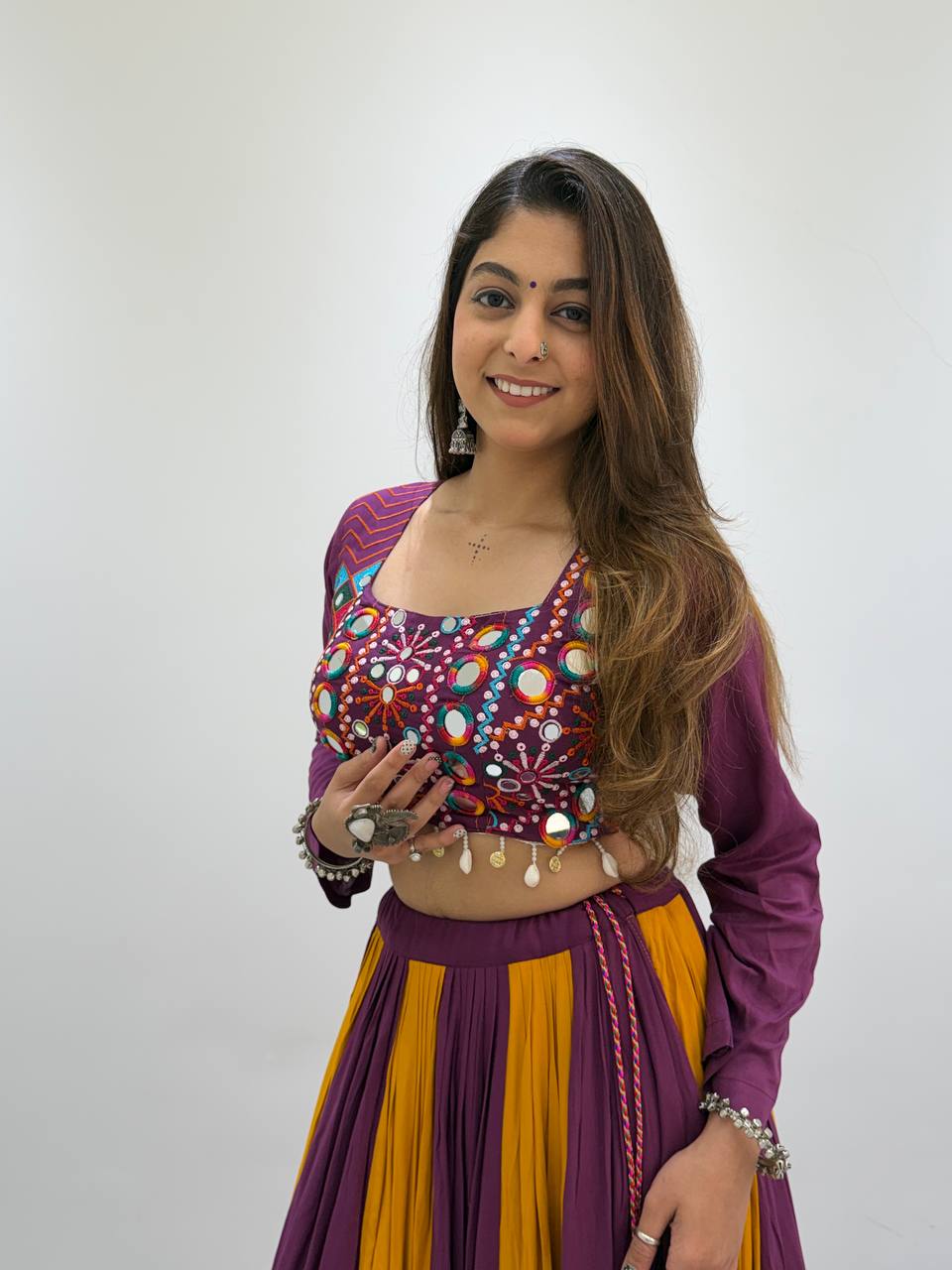 Purple & Mustard Multicolor Printed Rayon Mirror & Jarkan Work Navratri Lehenga Choli with Bandhni Dupatta