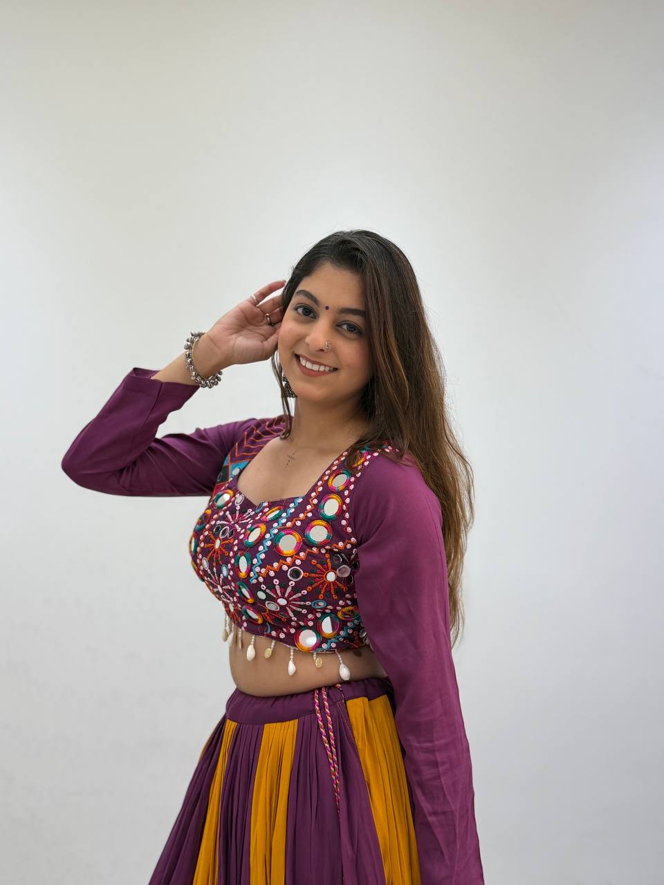 Purple & Mustard Multicolor Printed Rayon Mirror & Jarkan Work Navratri Lehenga Choli with Bandhni Dupatta