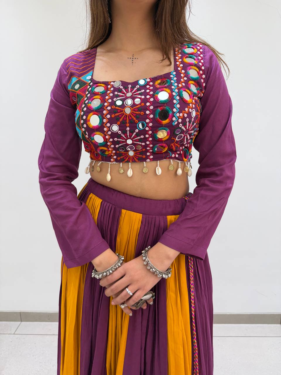 Purple & Mustard Multicolor Printed Rayon Mirror & Jarkan Work Navratri Lehenga Choli with Bandhni Dupatta