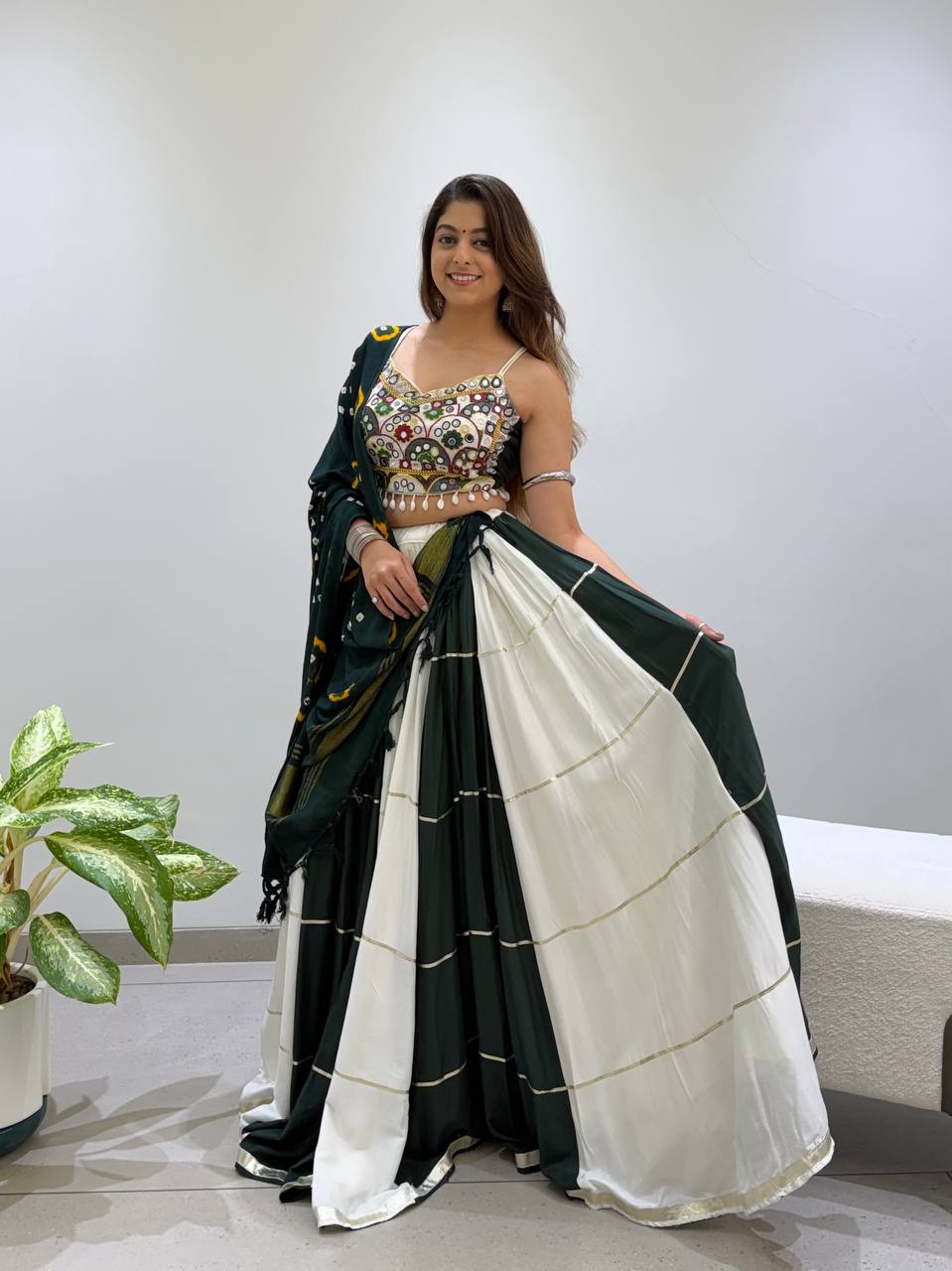 Green & White Reyon Mirror Work Navratri Lehenga Choli with Bandhani Dupatta