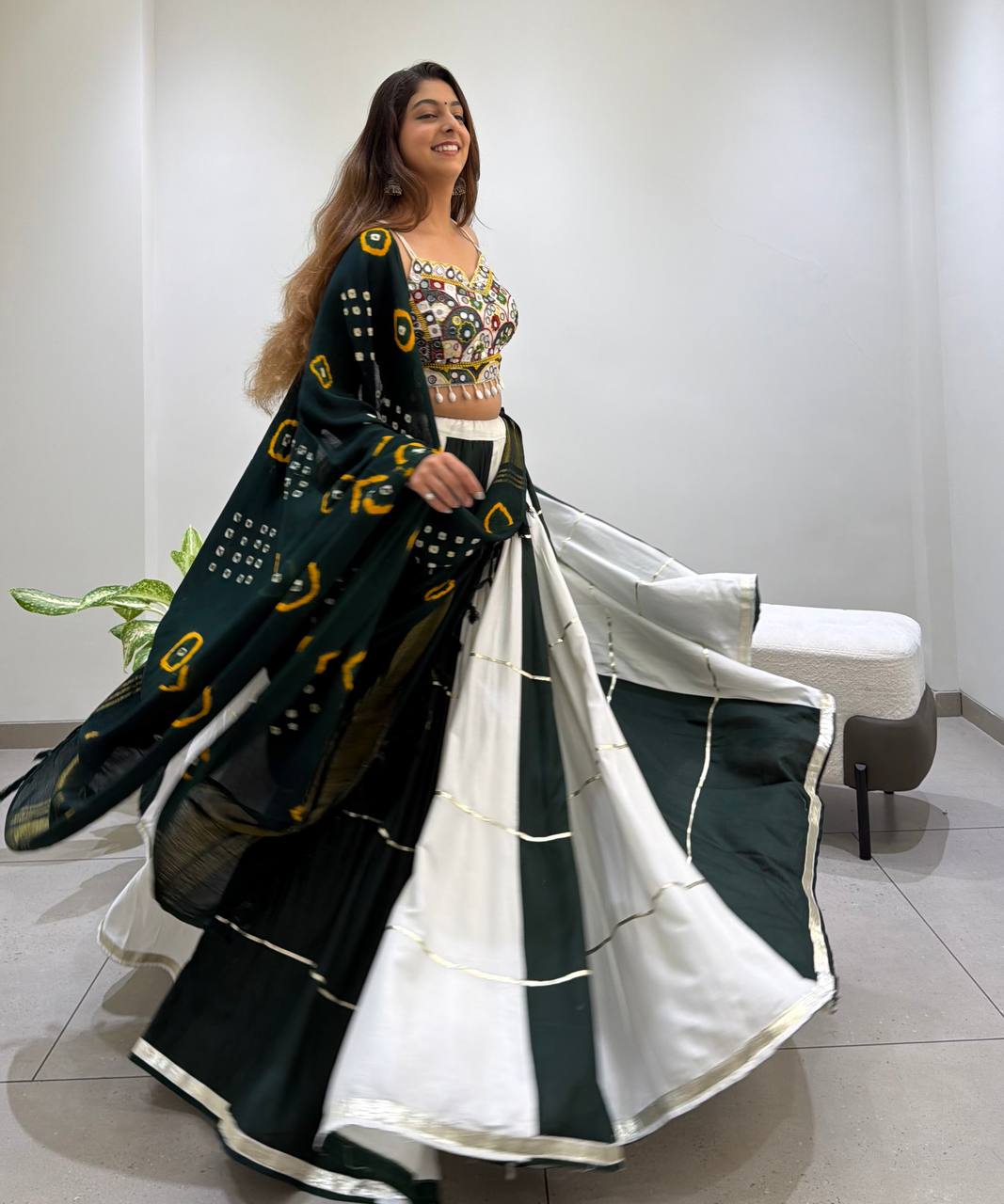 Green & White Reyon Mirror Work Navratri Lehenga Choli with Bandhani Dupatta