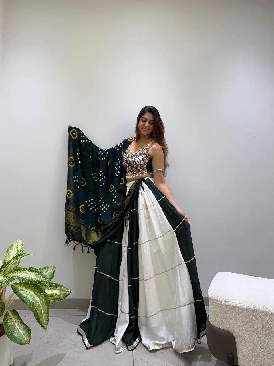 Green & White Reyon Mirror Work Navratri Lehenga Choli with Bandhani Dupatta