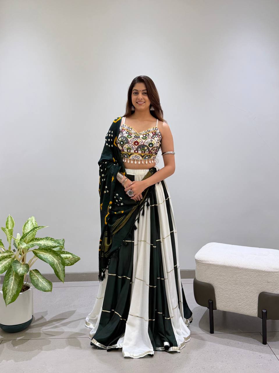 Green & White Reyon Mirror Work Navratri Lehenga Choli with Bandhani Dupatta