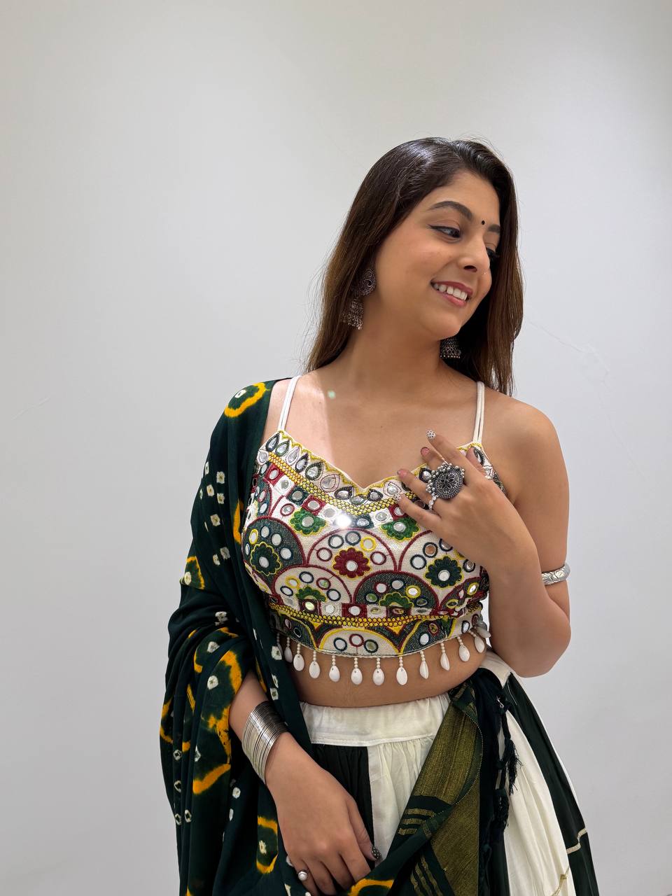 Green & White Reyon Mirror Work Navratri Lehenga Choli with Bandhani Dupatta