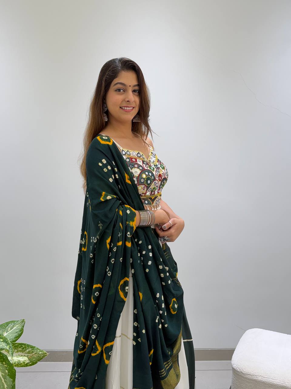 Green & White Reyon Mirror Work Navratri Lehenga Choli with Bandhani Dupatta