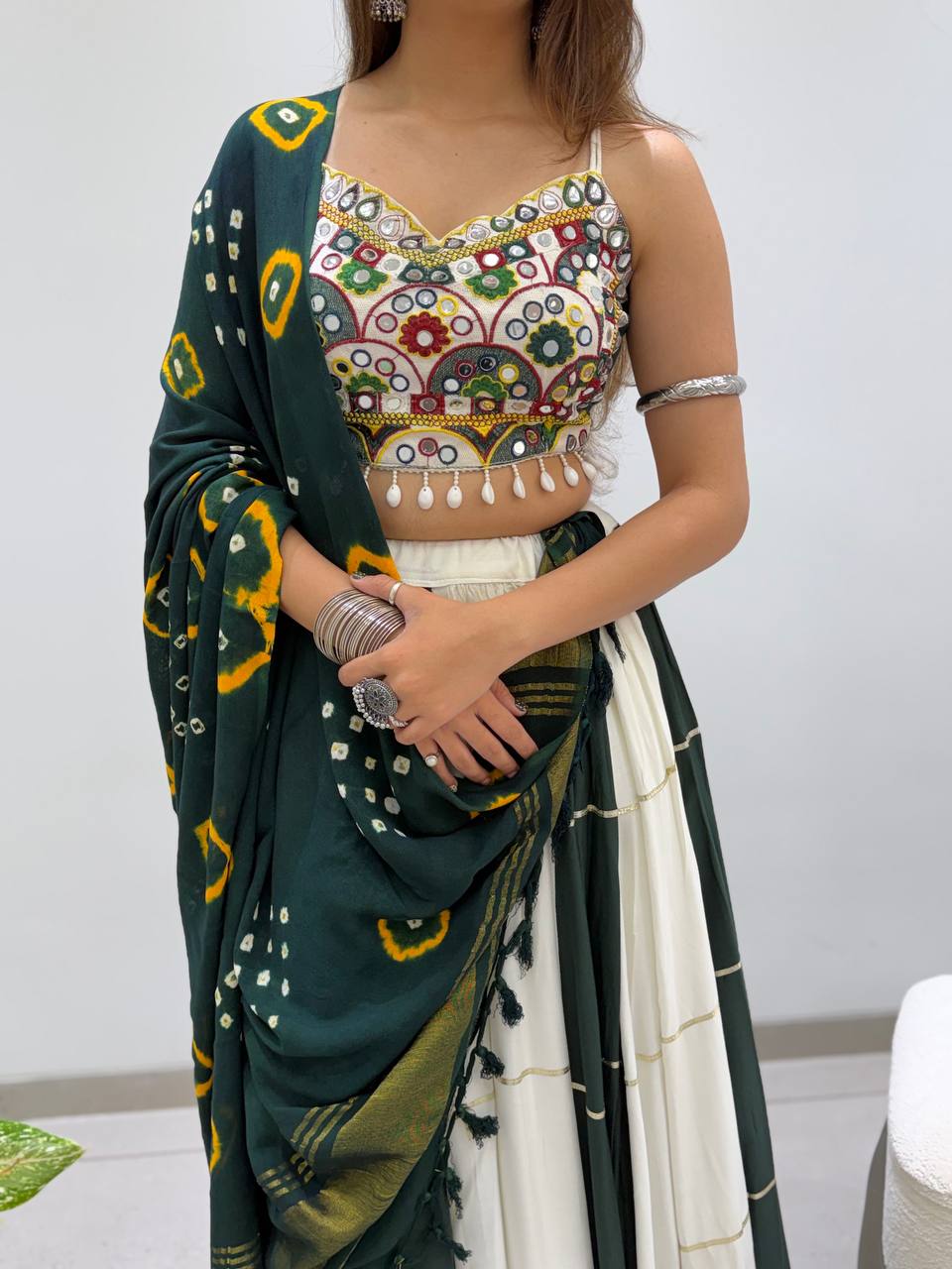 Green & White Reyon Mirror Work Navratri Lehenga Choli with Bandhani Dupatta