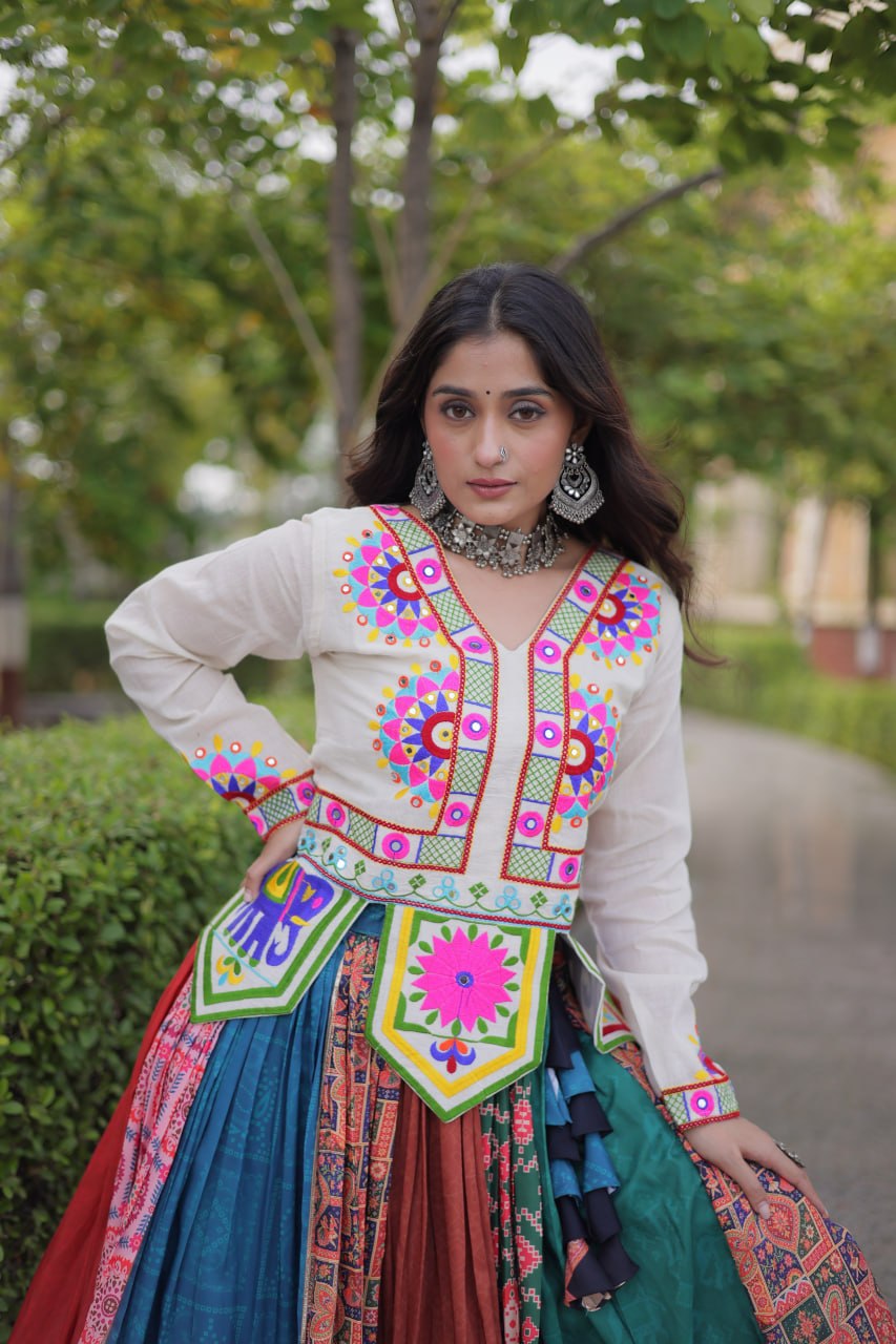 Multicolor Cotton Printed Kutchi Gamthi Mirror Work Lehenga Set ✨