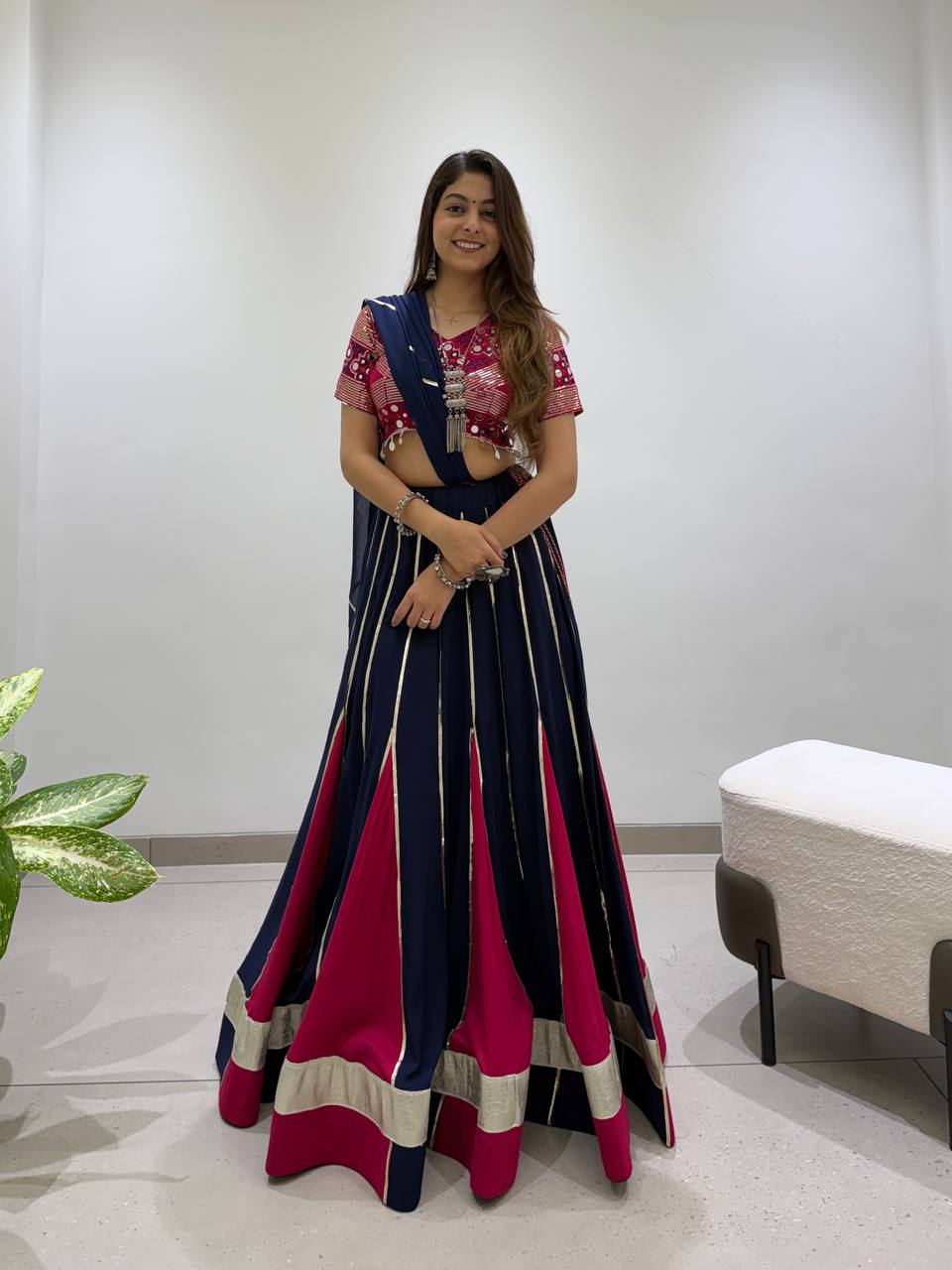 Navy Blue & Pink Reyon Mirror Work Navratri Lehenga Choli with Georgette Gotta Patti Dupatta